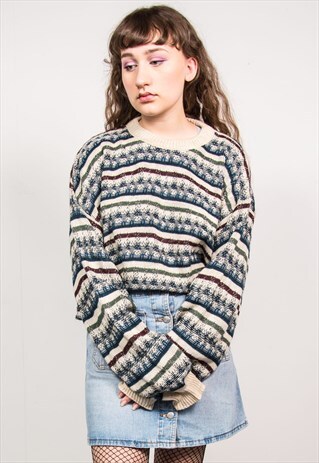 VINTAGE 90'S BLUE STRIPED KNIT LONG SLEEVE GRUNGE JUMPER