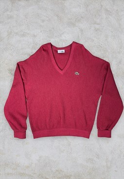Vintage 80s Chemise Lacoste Red Jumper V-Neck Wool Large 5