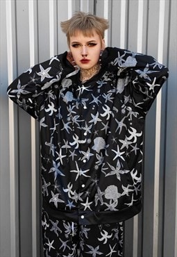 Sea life varsity jacket Ocean print bomber skater coat black