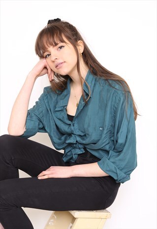 VINTAGE 90S GREEN SILK OVERSIZED BLOUSE SHIRT