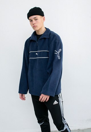 VINTAGE PUMA FLEECE SWEATER JUMPER BLUE WINTER LOGO