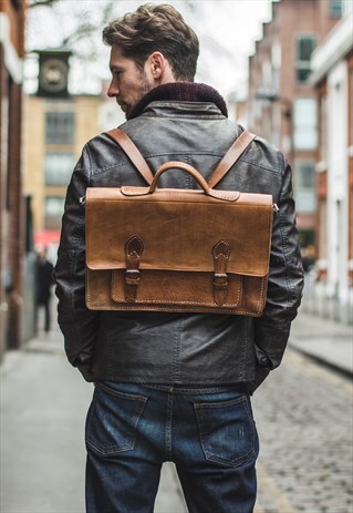 TAN LEATHER HAND STITCHED SATCHEL BACKPACK
