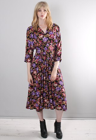VINTAGE 80S FLORAL PATTERNED MIDI DRESS