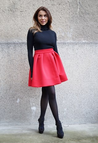 RED SKIRT/NEOPRENE/MINI SKIRT/MINI/PLEATED SKIRT/ F1088