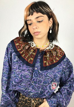 Upcycled Ruffled blouse In Purple Pattern And Gypsy Print 
