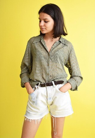 90'S RETRO GREEN SHEER EMBROIDERED OVERSIZED SHIRT