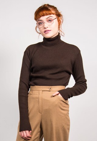 90'S VINTAGE BROWN KNIT ROLL NECK TOP JUMPER