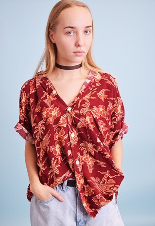 90'S RETRO HAWAII PRINT OVERSIZED SHIRT BLOUSE TOP