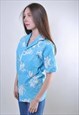 VINTAGE WOMAN BLUE HOLIDAY HAWAII FLORAL BLOUSE
