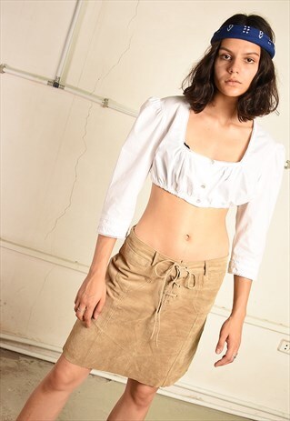90'S RETRO MINIMALIST BOHO REAL LEATHER LACE UP MINI SKIRT
