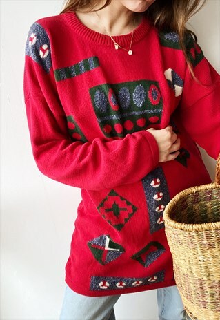 VINTAGE 80S BOHEME ABSTRACT ETHNIC KNITTED OVERSIZED JUMPER