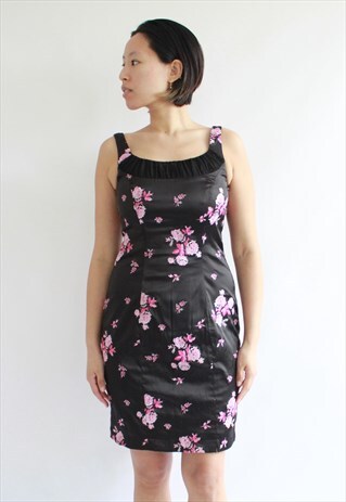 BLACK VINTAGE Y2K CORSET STYLE SUMMER PINK FLORAL DRESS