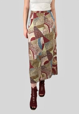 80's Vintage Ladies Brown Abstract Print Pencil Midi Skirt