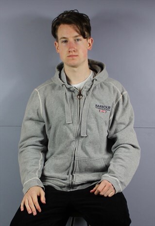VINTAGE BARBOUR ZIP HOODIE IN GREY WITH EMBROIDERED LOGO. SI