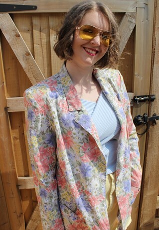 VINTAGE 80'S PASTEL PINK & BLUE FLORAL PRINT BLAZER JACKET