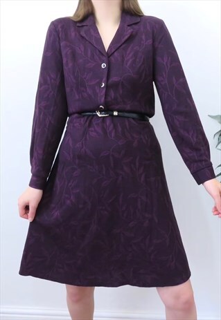 80S VINTAGE PURPLE FLORAL COLLARED DRESS