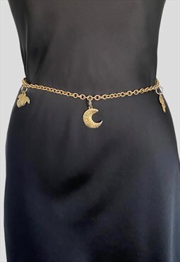 70's Gold metal Vintage Gold Chain Charm Moon Leaf Belt