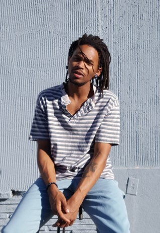90S SKATER PREPPY STRIPE HENLEY SHIRT MEDIUM