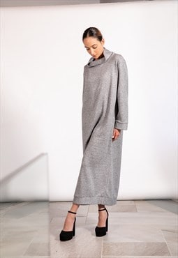 Fluffy Turtleneck Dress In Grey, Cozy Winter Dress 