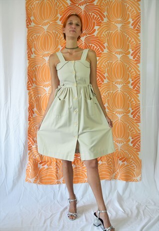 VINTAGE 70S SLEEVELESS BEIGE DRESS, SMALL SIZE