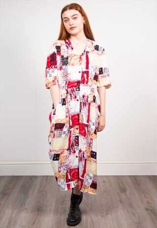 VINTAGE 90'S MULTICOLOUR ABSTRACT PATTERN MIDI DRESS