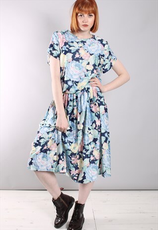 VINTAGE 80S FLORAL PATTERNED MIDI SKATER DRESS