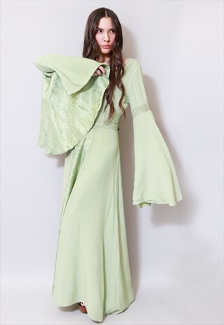 VINTAGE 1990'S GREEN OPEN FLUTED SLEEVE COTTON MAXI DRESS