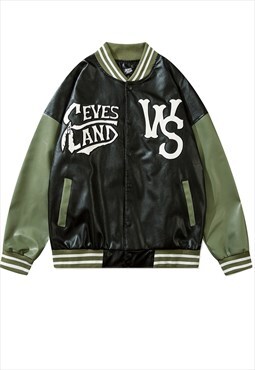 College varsity jacket faux leather bomber retro coat green