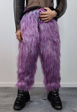 Shaggy faux fur joggers rave pants neon fluffy ski trousers