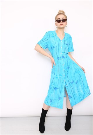 VINTAGE 90S BLUE FLORAL PRINT MIDI DRESS