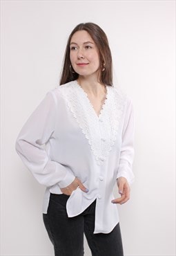 90s lace white blouse, vintage v-neck front button sheer top