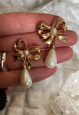 Gold Pearl Enamel Bow Vintage Drop Stud Statement Earrings
