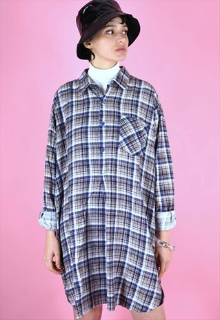 VINTAGE 90S FLANNEL SHIRT DRESS CHECK BLUE YELLOW OVERSIZED