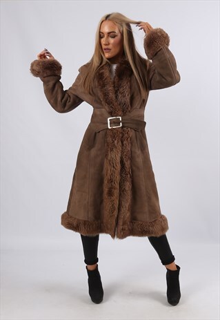 VINTAGE SHEEPSKIN SUEDE SHEARLING COAT MID LONG UK 10 (JDE)