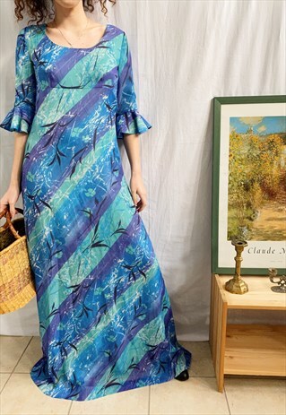 VINTAGE 70S HAUTE BOHEME FLORAL MAXI DRESS FLARE SLEEVE