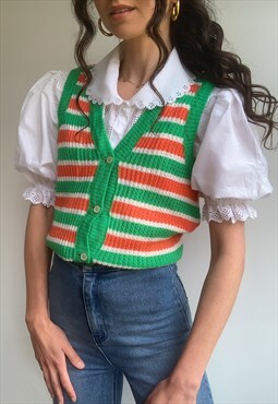Vintage 80s green & orange stripe knitted waistcoat vest 