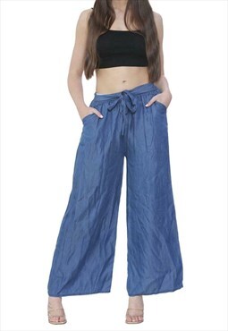 Women's Tie Up Flared Denim Palazzo Baggy Wide Leg Trousers