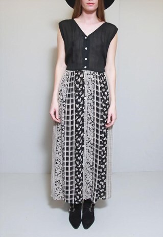 VINTAGE 1990'S BLACK & BEIGE FLORAL PRINT MAXI DRESS