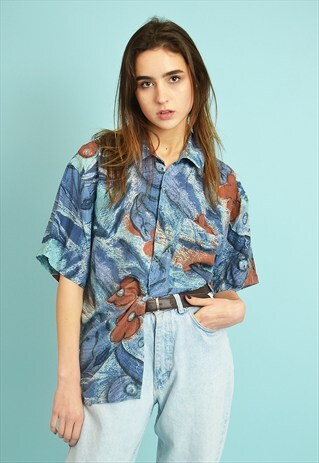 90'S RETRO ABSTRACT PATTERN SILK BLOUSE SHIRT TOP