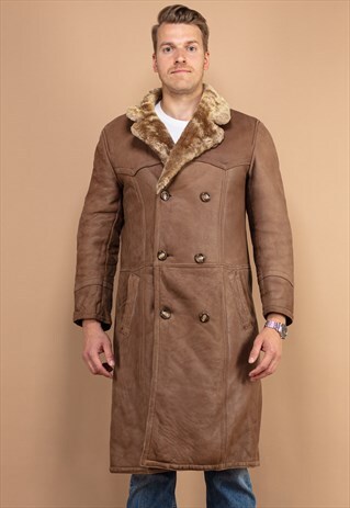 Vintage 70's Men Sheepskin Leather Long Coat in Brown