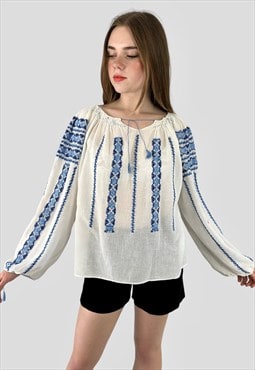 70's Vintage White Blue Embroidery Long Sleeve Blouse