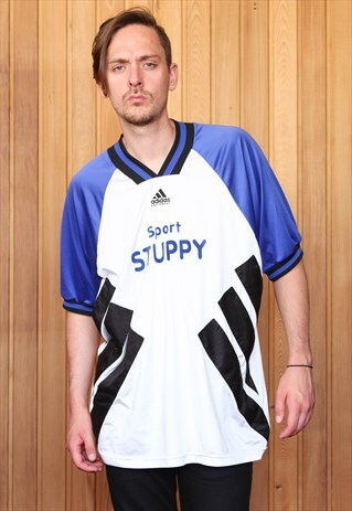 VINTAGE 1990S WHITE AND BLUE ADIDAS FOOTBALL SHIRT