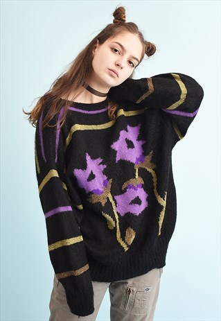 80'S RETRO FLORAL PATTERN MOMS KNIT JUMPER