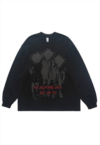 PUNK CARTOON T-SHIRT LONG SLEEVE TEE GRUNGE MOHAWK TOP BLACK