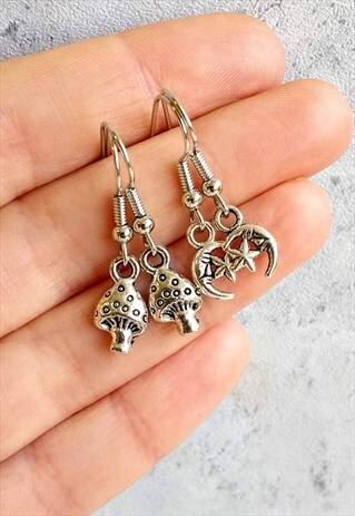 MAGIC MUSHROOM AND MOON EARRINGS 2 PAIR SET