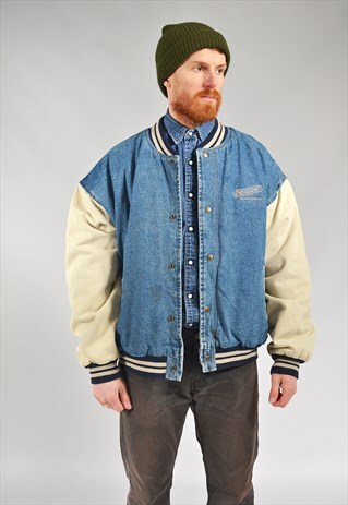 VINTAGE MID BLUE SNAPPLE LINED DENIM VARSITY JACKET