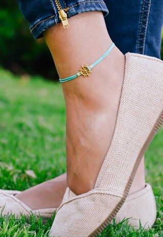 TURQUOISE ANKLE BRACELET, GOLD PLATED SHIP WHEEL ANKLET