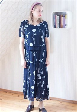 Dark blue floral chiffon two layer dress