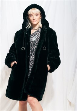 Vintage winter coat 90s faux fur hooded black Yeti jacket