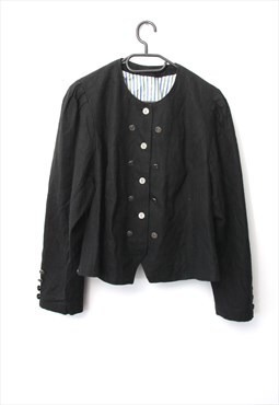 Black Linen Minimal Gothic Crop Vintage Jacket L XL